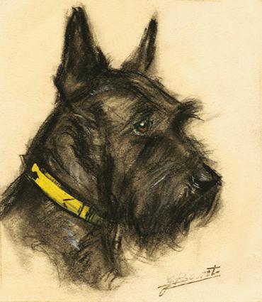 Chien. Fusain et gouache, cachet d'atelier